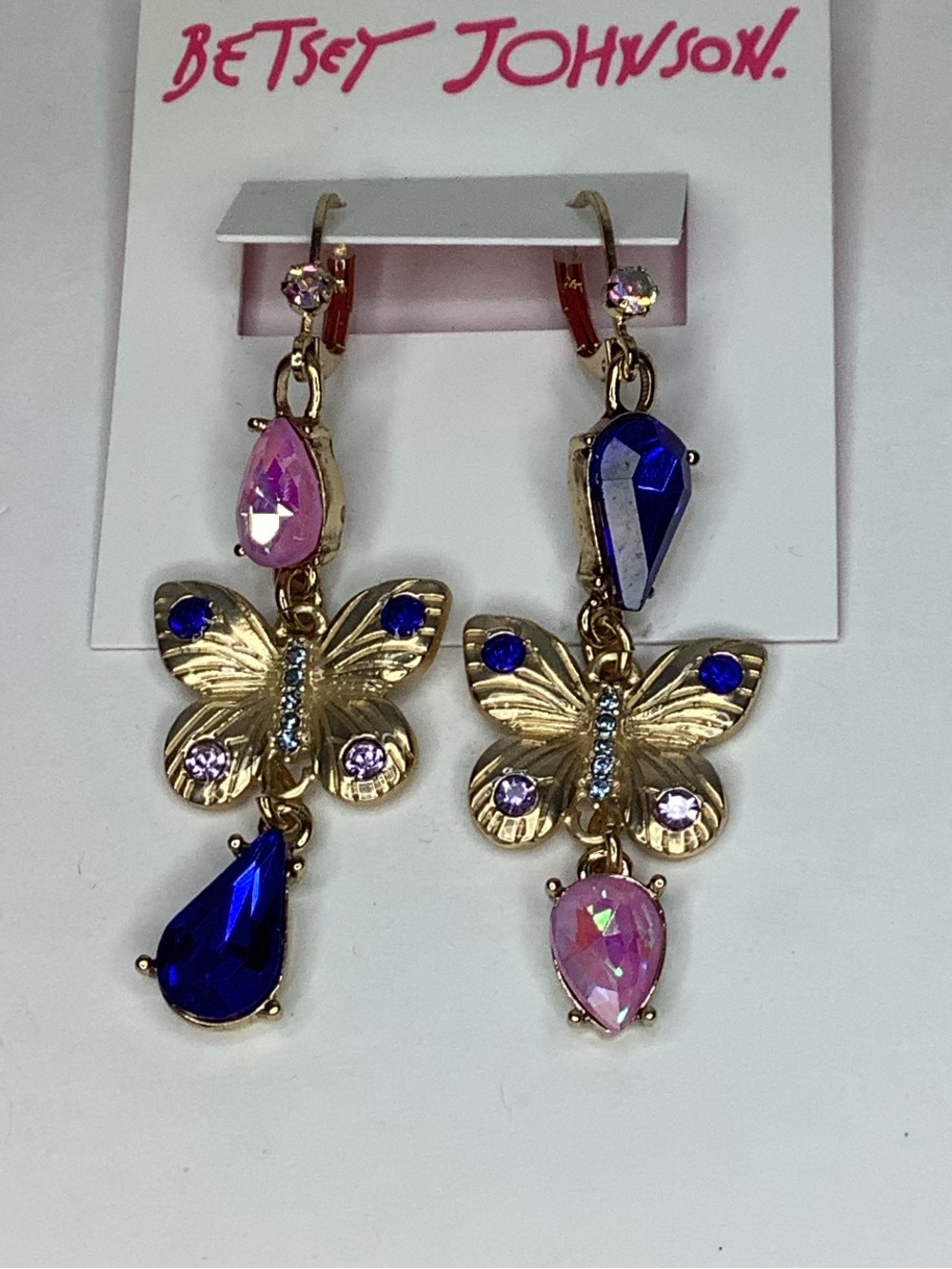 Betsey Johnson Butterfly Blue & Pink Crystal Mismatch Earrings New